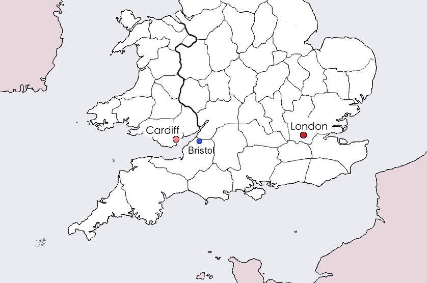 Bristol is west of London and south east of Cardiff