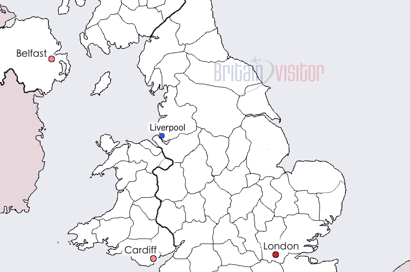 Map of Liverpool in the northwest of England.