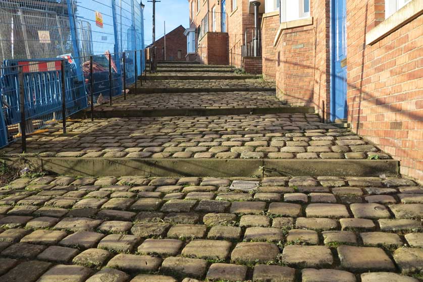 The cobbled stairs of Crowther Street in Stockport.