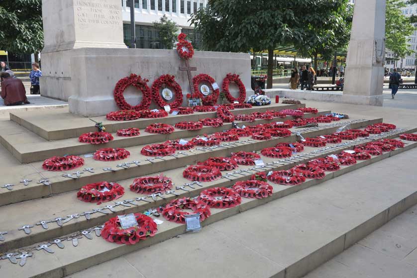 Wreaths of poppies at the War Memorial in Manchester.